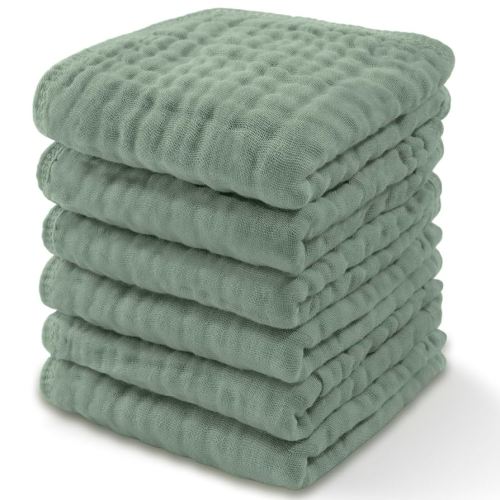 Comfy Cubs Muslin Baby Washcloths 6 Pack - Soft 6-Layer Cotton Wash Cloths for Sensitive Skin - 10"x10" Large, Gentle, Absorbent Infant Essentials for Newborn and Toddlers - Fern