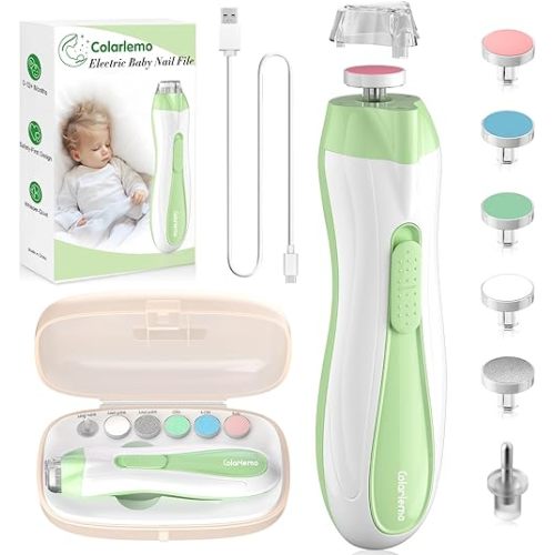 Rechargeable Baby Nail Trimmer Electric Baby Nail File, 15-in-1 Safe & Easy Nail Clippers Filer Buffer Kit with Dust Cover LED Light for Newborn Infant Toddler Adult Toes Fingernails, Green