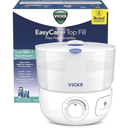 Vicks EasyCare Plus Top Fill Filter-Free Cool Mist Humidifier, Small Room–For Vapors 2 Ways –Works with Vicks VapoPads and VapoSteam, White