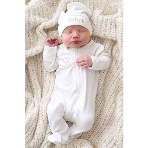 Picot Trim Bamboo Zipper Footie in Baby Taupe | Caden Lane