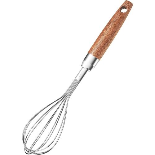 Stainless Steel Wire Whisk for Cooking- Wooden Handle Kitchen Multi Function Non Stick Balloon Whisk Egg Beater for Blending Whisking Beating Frothing Stirring Batters (9"L x 1.8"W)