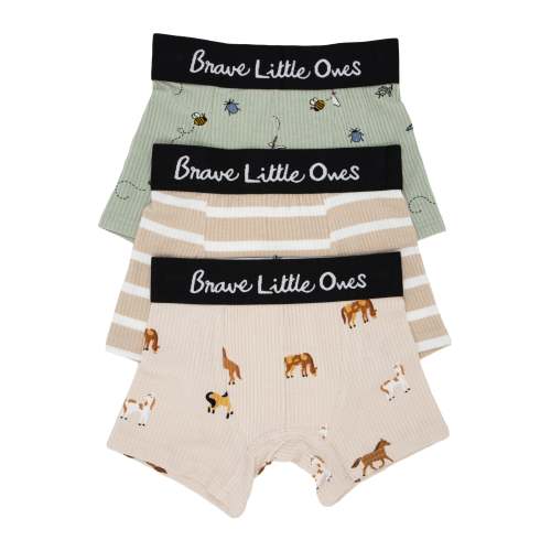 Bugs, Tan Wide Stripe and Horses Small Ribbed Boxer Brief 3 Pack
– Brave Little Ones