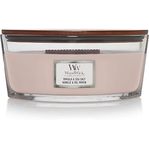 WoodWick Ellipse Scented Candle, Vanilla & Sea Salt Scent, Crackles as it Burns, Up to 50 hours Burn Time, Premium Soy blend, Perfect for gifting, 16oz