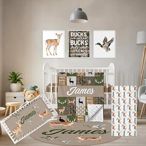 Custom Baby Crib Bedding Set, 5 Pcs Personalized Name Baby Crib Sets for Infant Toddler, Green Woodland Deer Nursery Bedding Set for Boys Girls, Double Layer Baby Bedding Sets Customized Gifts