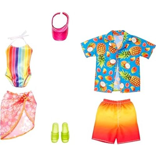 Barbie & Ken Fashions 2-Pack Clothing & Accessories Set, 1 Swimsuit, Sarong & Visor for Barbie Doll & 1 Tropical Shirt, Swimsuit & Shoes for Ken Doll