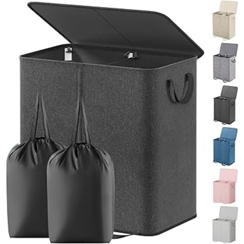 Lifewit Double Laundry Hamper with Lid and Removable Laundry Bags, Large Collapsible 2 Dividers Dirty Clothes Basket with Handles for Bedroom Laundry Room Closet Bathroom College, 136L Black