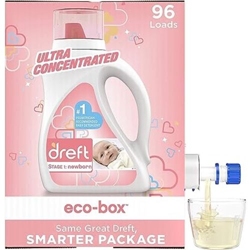 Dreft Stage 1: Baby Laundry Detergent Liquid Soap Eco-Box, Natural For Newborn, Or Infant, Ultra Concentrated He, 96 Loads - Hypoallergenic For Sensitive Skin