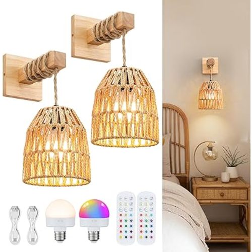 Wall Sconces Set of Two Battery Operated, Rattan Boho Wall Sconce, Rechargeable Woven Lantern Wireless Light/Lamp for Bedroom Home Decor
