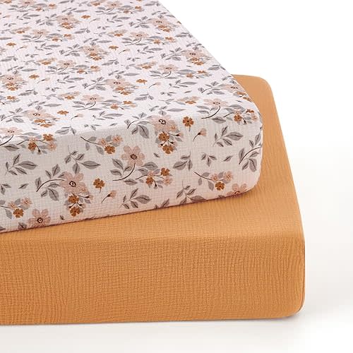TILLYOU 2 Pack Muslin Crib Sheets for Boys and Girls, 100% Cotton Fitted Crib Sheet for Toddler 52"x28" Standard Crib Mattress, Yellow Flower