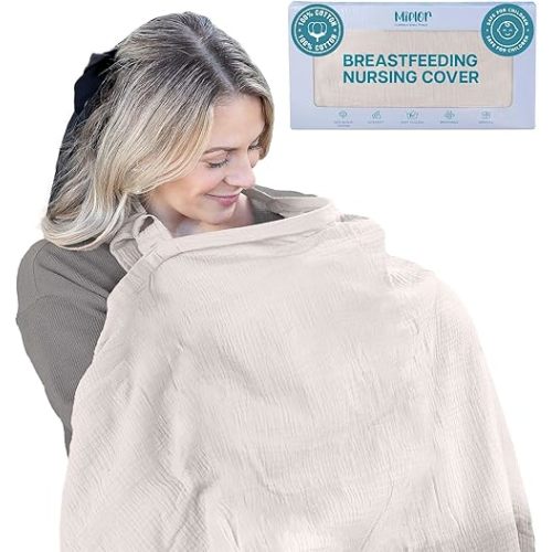 Miflor Muslin Nursing Cover - Large 42x30 Inches Nursing Cover Up for Breastfeeding | Breast Feeding Covers for Women with 2 Pockets, Carry Bag, Muslin Cotton, Stylish & Comfortable Design