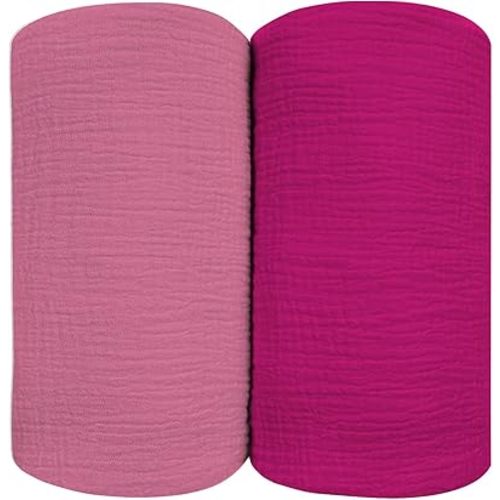 Muslin Swaddle Blankets for Baby, Large 47 x 47 Inches 2 Pack Set - Soft Breathable Cotton Wrap Burping Clothes Receiving Newborn Swaddle Blanket for Girl and Boy Nursery, Blush + Raspberry