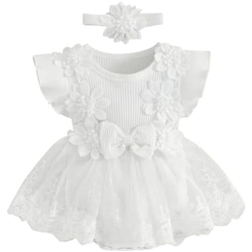 Infant Baby Girl Lace Romper Baby Tulle Dress Romper Flowers Bodysuit Spring Summer Festival Clothes with Headband