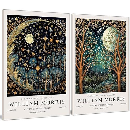 William Morris Canvas Wall Art Set of 2, Vintage Moon & Stars Posters Prints Painting Art, Framed Botanical Art Wall Decor for Bedroom Kitchen Living Room Office 16x24 Inch