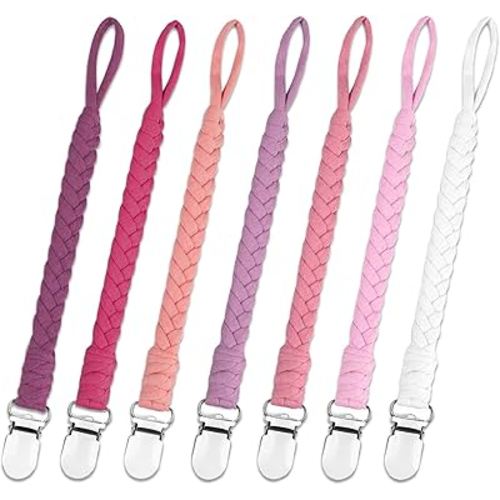 7 Pcs Pacifier Clip, Pacifier Clips for Boys & Baby Girls Pacifier Holder Clip Binky Clips Braided 100% Handmade Fits All Pacifiers(Pink, 7 Pack)