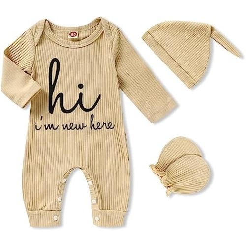 GRNSHTS Newborn Baby Boy Romper Coming Home Outfits Letter Print Bodysuit Jumpsuit+Hat+Gloves 3PCS Clothes Set