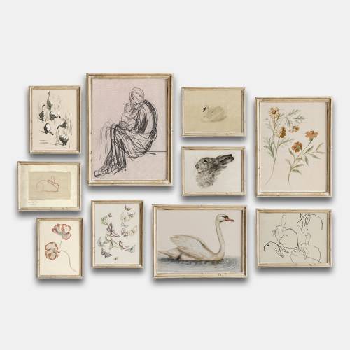 Nursery Vintage, Gallery Wall Art Set Of 10, Swan Prints, Animal Neutral Tones, Muted Antique Printable