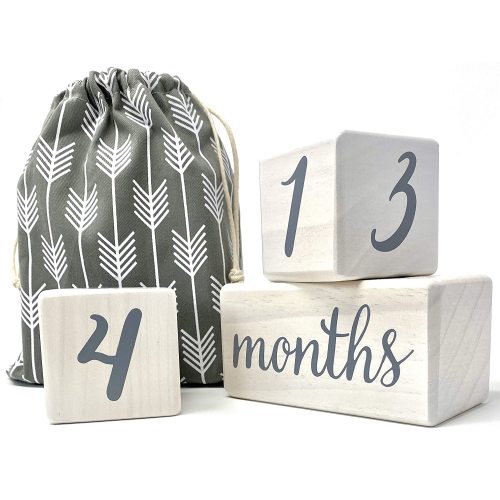 Natural Baby Milestone Age Blocks - White Stain Pine Wood Milestones Block Set with Bag - Weeks, Months, Years, Grade, Baby Gift