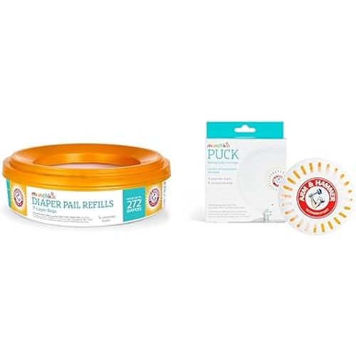 Munchkin® Refill Set for Step™ and Pail™ Diaper Pails - Includes 2 Arm & Hammer Diaper Pail Refill Rings and 1 Puck™ Baking Soda Cartridge