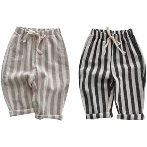 2 Pack Boys Girls Cotton Linen Harem Bloomers Pants for Baby Toddler Cute Striped Bloomer Elastic Basic Harem Pants Joggers