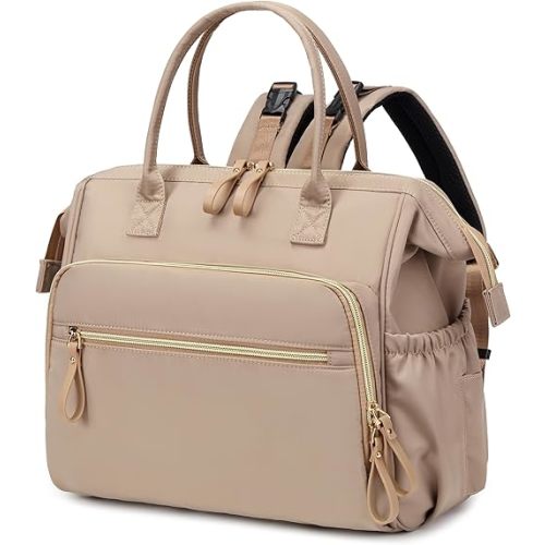 Convertible Diaper Bag Tote, Wide Open Top 14 Pockets Nappy Backpack with Stroller Buckle, Water-resistant (Light Mocha Mousse, Large)