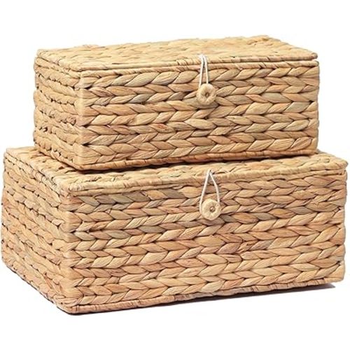 Set of 2 Rectangular Wicker Storage Bins with Lid, Multipurpose Organizer Rattan Display Boxes for Shelf Organizer, Boho Wicker Box for Home Decoration