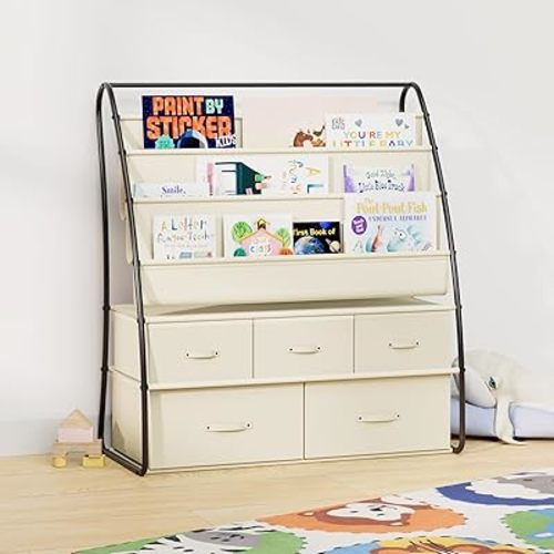 NACHES Kids Bookshelf with 5 Drawers 3-Tier Children Bookcases and Toy Storage Organizer Metal Toddler Sling Bookshelf Display Book Rack Holder for Kids Room, Living Room, Study Room, Black