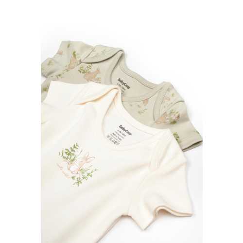 Rabbit Organic cotton 2 Pcs Baby Short Sleeve Body Set, Ecru-Soft Green, Baby Bodysuit,Baby rompers, Baby Onsies, Newborn Gift,Baby Clothes