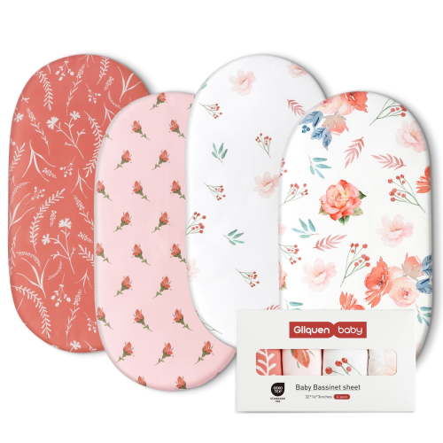 Gllquen Baby Bassinet Sheet Set 4 Pack - Ultra-Soft Universal Fitted Bassinet Sheets for Newborn Baby Grils 32"X16", Red Floral