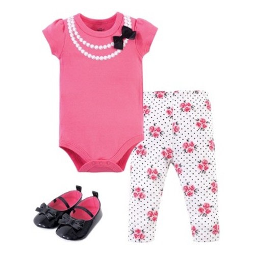 Little Treasure Baby Girl Cotton Bodysuit, Pant and Shoe 3pc Set, Pink Pearls, 6-9 Months