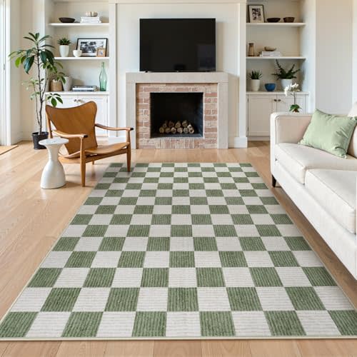 LIVEBOX Machine Washable Area Rug 6x9 Checkered, Non Slip Soft Large Bedroom Living Room Rug Farmhouse Neutral Classic Geometric Pattern Boys Rug, Indoor Carpet for Den Dorm Playroom(Green,6'x9')