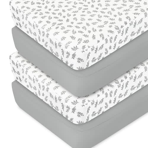 Crib Sheets 4 Pack for Baby Boys & Girls, Neutral Crib Sheet Fitted 52'' x 28'' for Standard Crib & Toddler Mattress, Ultra Soft Material Baby Sheet, Grey Leaf