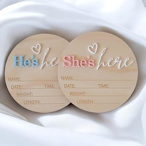 Wooden Birth Announcement Sign, 6 Inch Round Plaque, She’s Here or He's Here Announcement Plaque, Baby Newborn Announcement | Hello World Sign (Set 2 He and She)