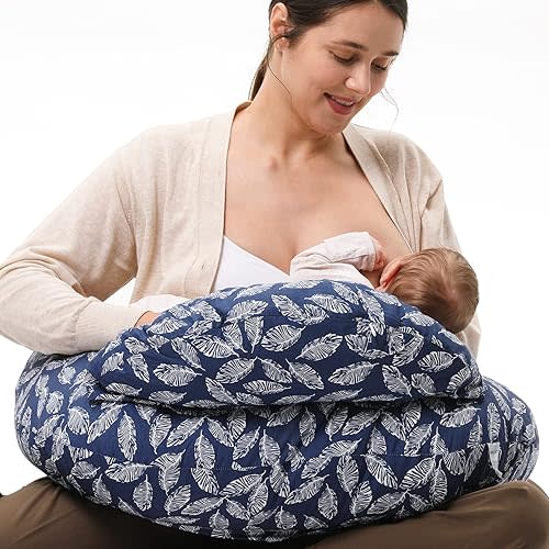 Momcozy Original Nursing Pillow and Positioner - Plus Size Feeding Pillow | Breastfeeding, Bottle Feeding, Baby Support | with Adjustable Waist Strap and Removable Cotton Cover, Navy Blue