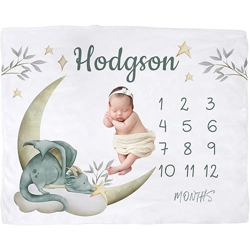 Personalized Baby Milestone Blanket for Boys, Custom Newborn Baby Boy Blanket with Name, Dragon Baby Milestone Monthly Blanket for Shower Gift, Monthly Baby Milestone Blanket