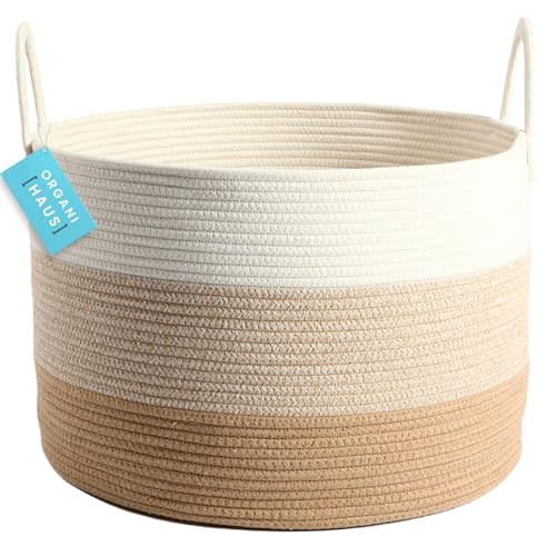 OrganiHaus Woven Baskets for Storage 20x13, Modern Boho Laundry Basket, Cotton Rope Blanket Basket for Living Room, Extra Large Storage Basket for Kids, Laundry Hamper & Blanket Holder, Honey