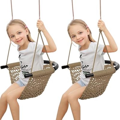 Hand-Knitting Toddler Swing, Swing Seat for Kids with Adjustable Ropes, Little tikes Swings Set, for Outdoor Indoor, Playground, Backyard (Brown-2 Pack)