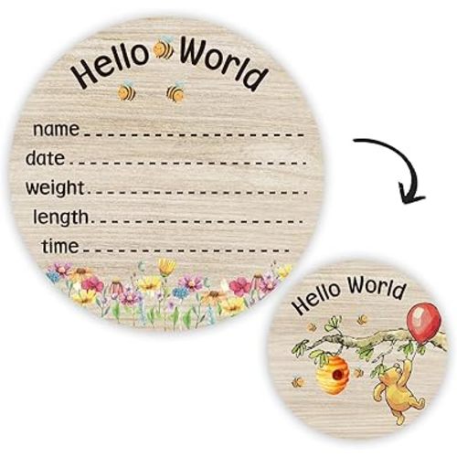 Baby Bear Newborn Birth Announcement Sign - Hello World Name Sign, 6inch Double Sided