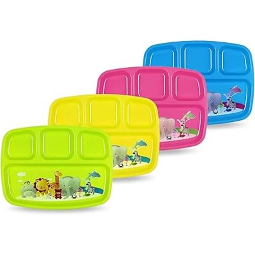 Toddler Plates With Dividers - Set of 4 Kids Plates with 4 - Compartment Brightly Colored Children Dinner Divided Tray Dishwasher Safe BPA Free Plate With Fun Zoo Design