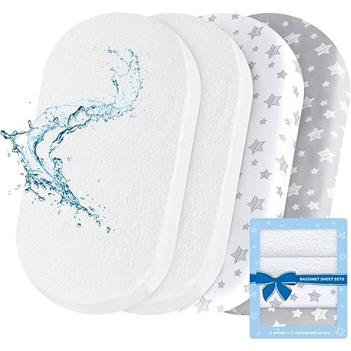 Bassinet Sheets & Waterproof Bassinet Mattress Pad Protector 4 Pack Set, Viscose Made from Bamboo, Universal Fit for Oval, Hourglass and Rectangular Mattress, Grey & White