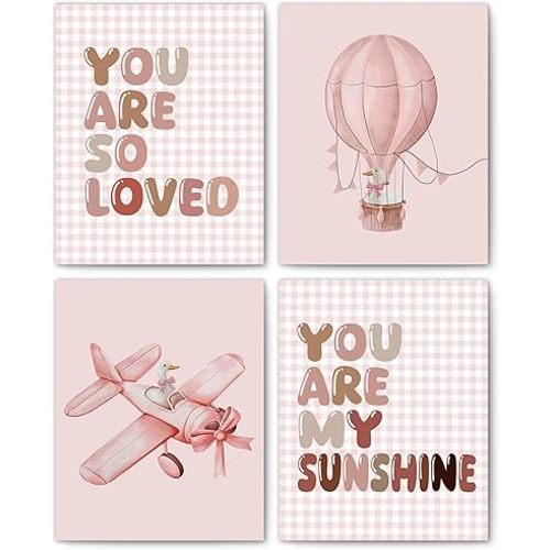 FITIE Pink Girl Nursery Wall Art Posters Set of 4, Boho Nursery Decor Girl, You Are My Sunshine Hot Air Balloon Goose Airplane Canvas Prints Artwork Wall Decor for Kids Room Playroom, 8x10 Unframed