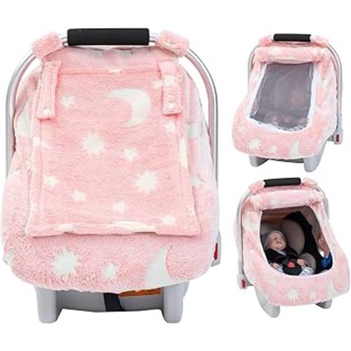 Car Seat Cover Baby, Infant Car Seat Cover Glow in The Dark, Soft & Cozy Carseat Canopy for Girls Boys, Windproof Baby Carrier Cover with Zipper Peep Windows for Baby Registry Essentials