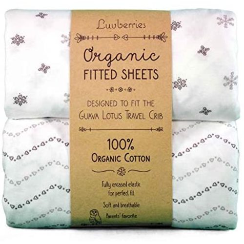 Guava Lotus Travel Crib Sheets (Set of 2) - 100% Organic Cotton Crib Sheets, Baby and Toddler, Fitted Crib Sheets, for Boys & Girls (for The New 4 TAB Mattress ONLY) (Grey and White)