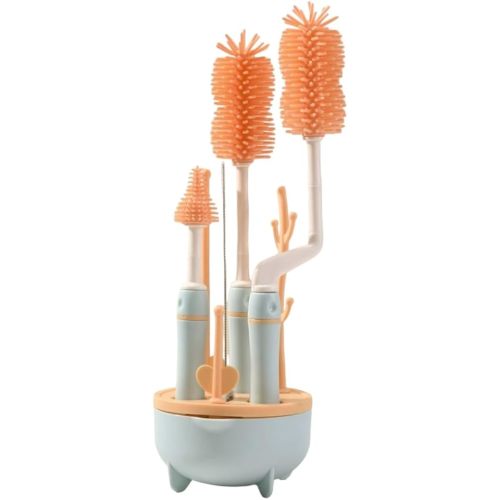 Silicone Baby Bottle Brush Set with Stand, 360° Rotating Silicone Bottle Cleaning Brush Cleaner Set of 4, Multipurpose Silicone Baby Bottle Straw Cleaner Brush (Blue)