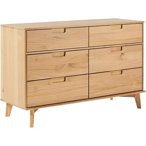 Walker Edison Mid-Century Modern Grooved Handle Wood 6-Drawer Dresser, 52 Inch, Natural Pine