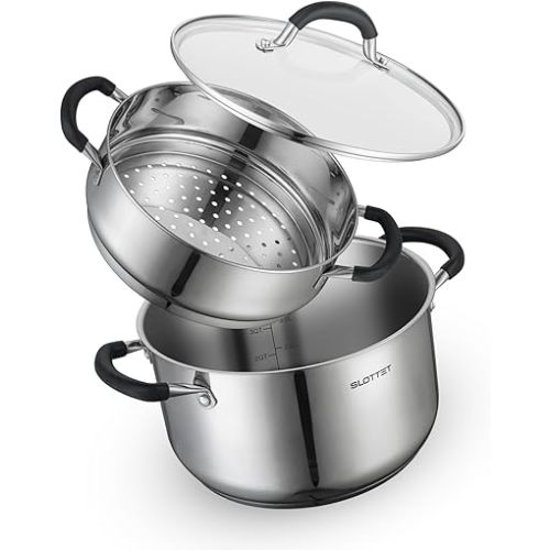 6 Quart Stainless Steel Stock Pot with Steamer,6 Qt Multipurpose Stockpot with Stay-cool silicone Handle and Glass Lid,Soup Pot for Cooking