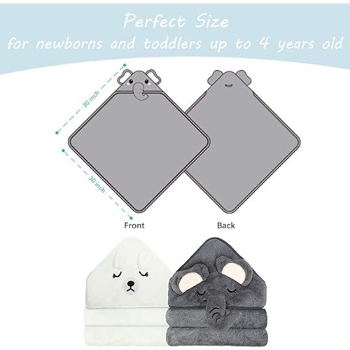 2 Pack Hooded Baby Towels - Premium Ultra Soft Organic Baby Bath Towel – Absorbent and Hypoallergenic Towels for Baby Boy Girl, Toddler, Newborn Essentials (Elephant & Bear)