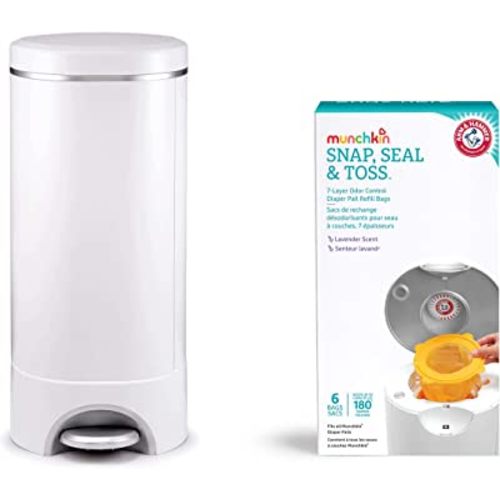 Munchkin® STEP™ Diaper Pail Powered by Arm & Hammer, #1 in Odor Control, Award-Winning, Includes 7 Snap, Seal & Toss™ Bags, 1 Starter Refill Ring, and 1 PUCK™ Baking Soda Cartridge