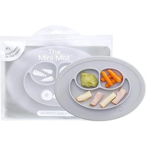 ezpz Mini Mat (Pewter) - 6 -12 Months+ - 100% Silicone Suction Placemat + Divided Plate with Three Compartments - Supports Baby-Led Weaning - Designed for Highchair, Table, and Travel