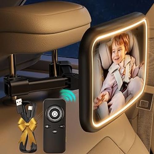Baby Car Mirror With Light for Baby Rechargeable 2000mA Baby Mirror for Car Seat Rear Facing Hook Clip Design Car Seat Mirror for Baby Rear Facing Crystal Clear view ShatterProof With Remote