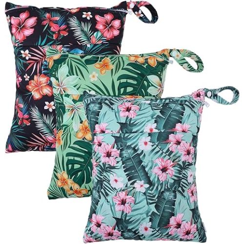 babygoal Wet Bags 3 Pack, Waterproof Travel Dry Bags for Baby Diapers, Beach, Pool, Gym, Swimsuits, Food Storage and Wet Clothes-Hawaii Flower Design